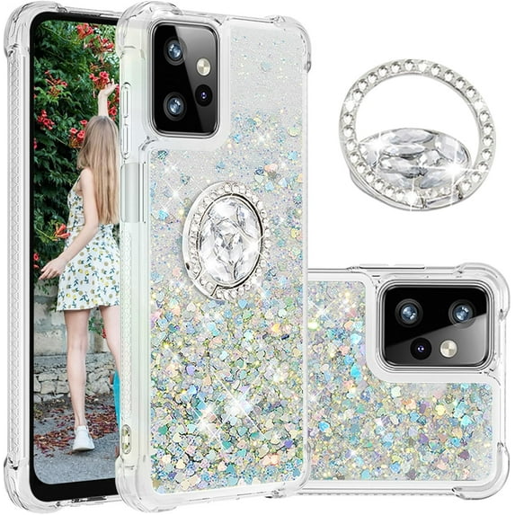 Quicksand Case for Motorola Moto G Power 5G (2023) for Women Girls, Glitter Sparkle Flowing Clear Soft TPU Liquid Cover with Bling Diamond Kickstand for Moto G Power 5G (2023) -Silver