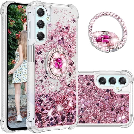 Quicksand Case for Samsung Galaxy A25 5G for Women Girls, Glitter Sparkle Flowing Clear Liquid Cover Case with Bling Diamond Kickstand for Samsung Galaxy A25 5G -Rose Gold