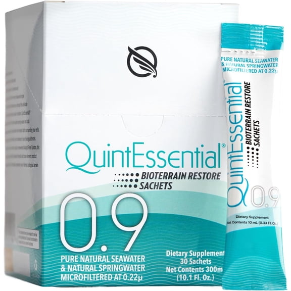 Quicksilver Scientific Quintessential 0.9 Sachets - Isotonic Solution with Sea Water Minerals + Alpine Spring Water - Liquid Hydration, Electrolyte + Multi Minerals Supplement (30 Count)
