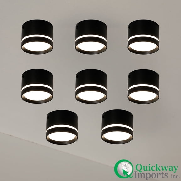 Quickway Imports 15W Surface-Mounted LED Cylinder Downlight Modern 4000K White Spotlight Black Aluminum Frame for Residential & Commercial Interiors Including Homes Offices & Retail Spaces, Set of 8
