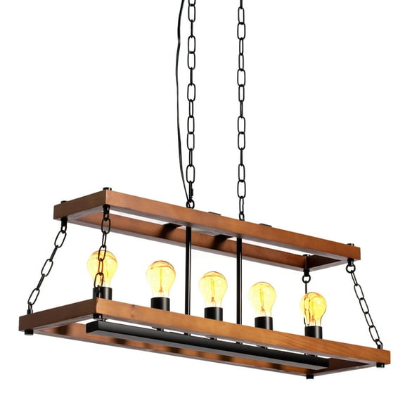 "Quickway Imports Brown Wooden Rectangle 5-Bulb Ceiling Hanging Light Fixture with Black Chain - Modern Style Lighting for Dining Room, Kitchen, Living Room or Bar - Farmhouse Industrial Chandelier"