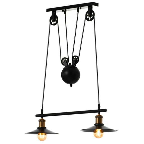 Quickway Imports Industrial Adjustable 2 Bulb Pulley Wired Ceiling Hanging Light Fixture, Black Decorative Chandelier for Modern or Industrial Style Restaurant, Bar, or Kitchen