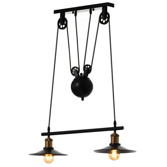 Quickway Imports Industrial Adjustable 2 Bulb Pulley Wired Ceiling Hanging Light Fixture, Black Decorative Chandelier for Modern or Industrial Style Restaurant, Bar, or Kitchen