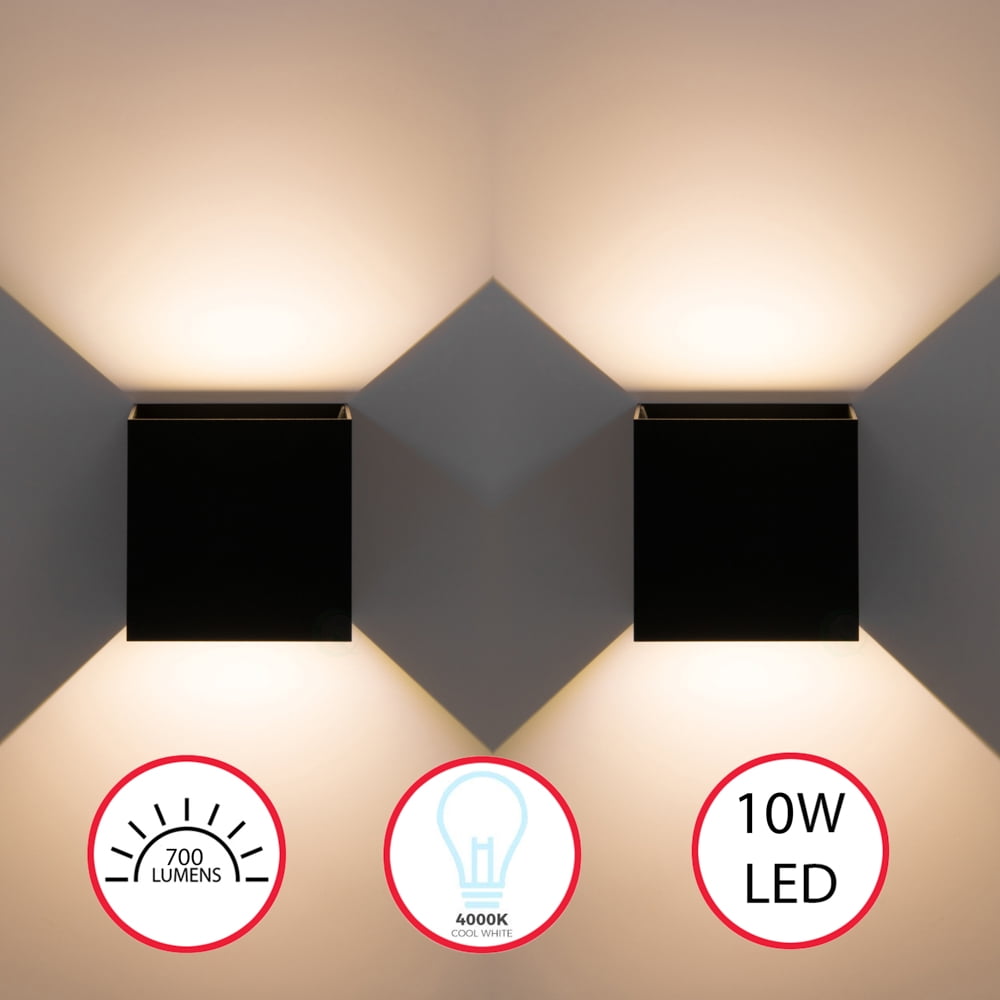 Modern Wall Sconce LED Waterproof Wall Lamp Aluminum with Adjustable Beam 10-Watt 4000K Cool White Indoor Outdoor for Bathroom Bedroom Corridor Living Room Stairs and Garden, Black Set of 2