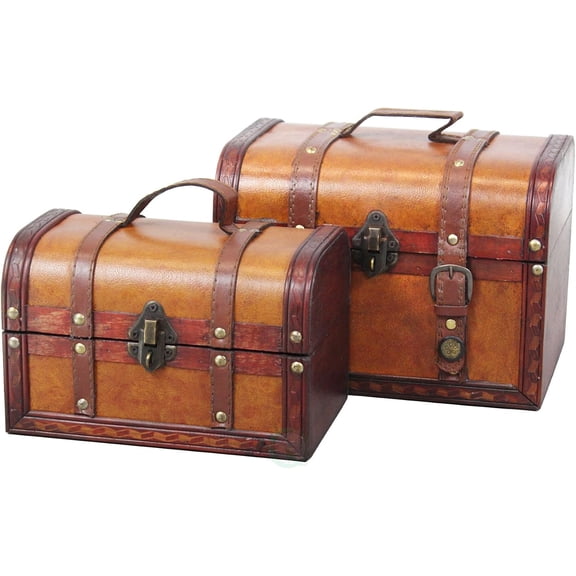 Quickway Imports Vintiquewise(TM) Decorative Wood Leather Treasure Box (Set of 2)