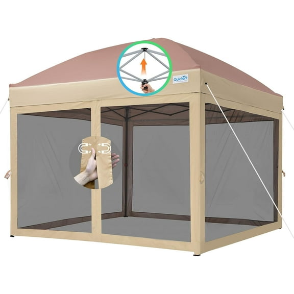 Quictent 10'x10' Pop up Canopy Tent with Netting, One Person Instant Setup Screen House Room Tent Screened- 4 Magnetic Doors, Waterproof (Khaki & Brown)