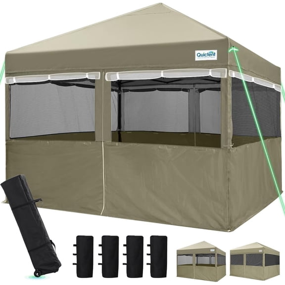 Quictent 10'x10' Pop up Canopy Tent with Sidewalls, 2 in 1 Screened Canopy with Roll-up Mesh Window Sidewalls, One Person Set up Canopy for Camping, Backyard and Outdoor Events (Olive, 10'x10')