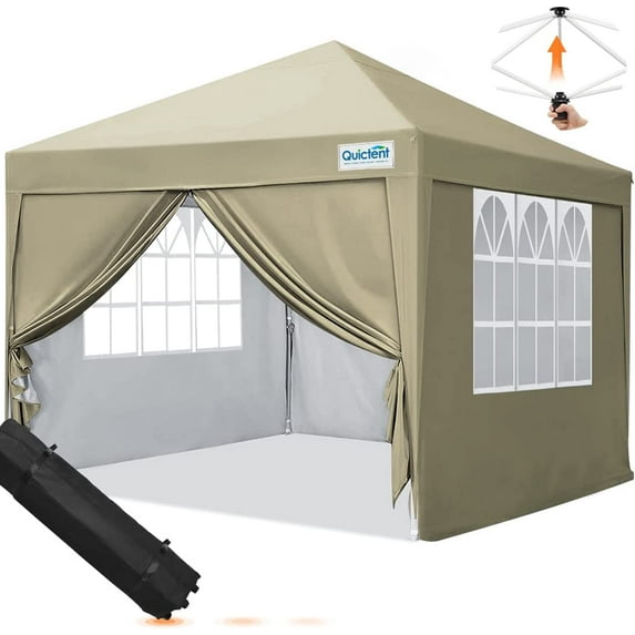 Quictent 10'x10' Pop up Canopy Tent with Sidewalls Instant Outdoor Gazebo Easy Party Tent Enclosed Waterproof, Easy Set up (Beige)