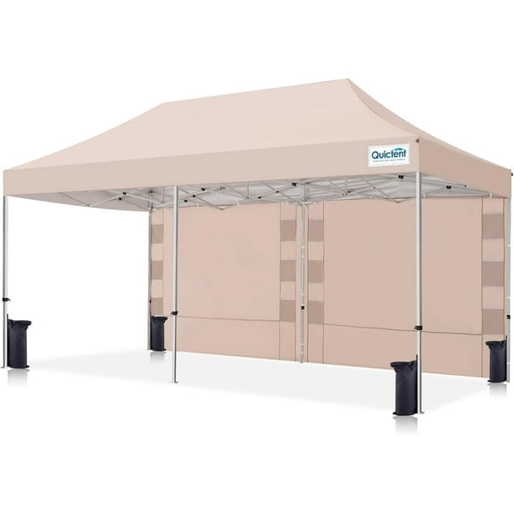 Quictent 10'x20' Portable Pop up Canopy Tent, Easy up Commercial Gazebo Canopies for Sun & Rain Protection(Beige, 1 Sidewall)