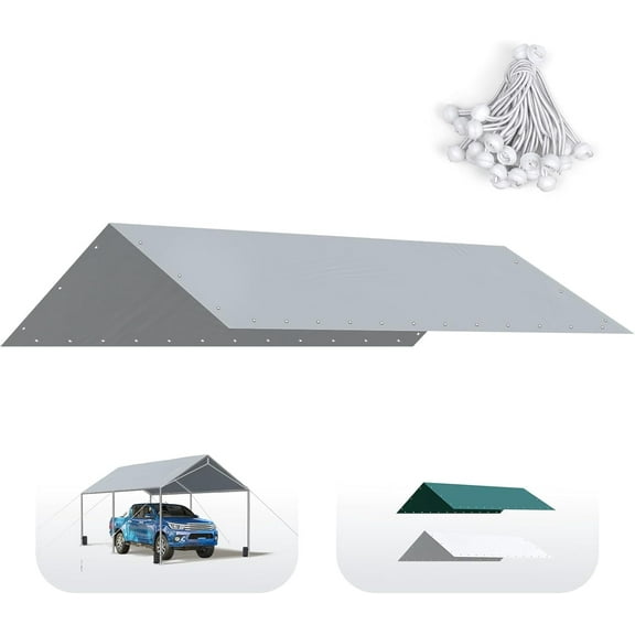 Quictent 10x20 ft Carport Replacement Tarp Canopy Top Cover with Bungees Balls, for Garage Party Tent Shelter - Gray, One Roof Only