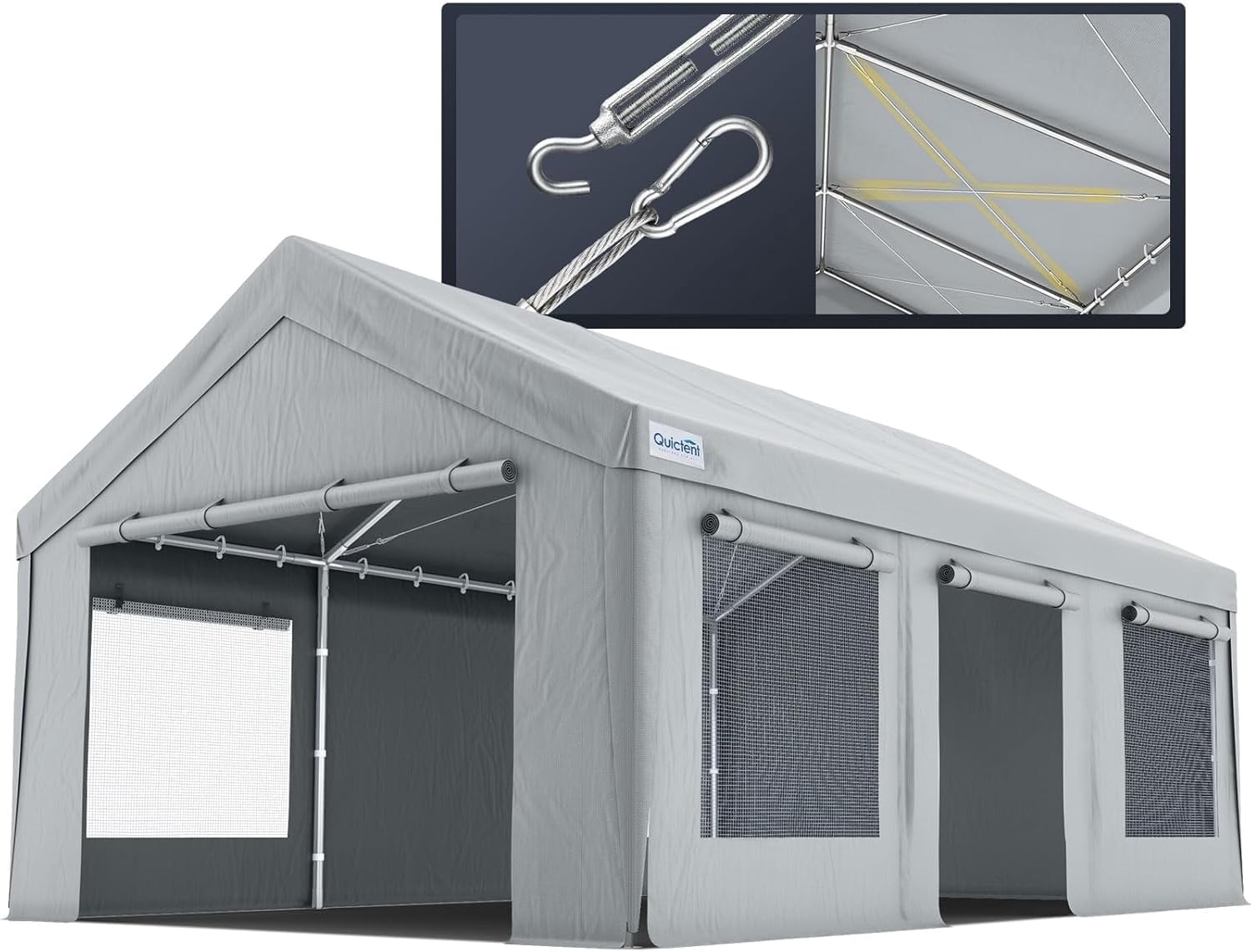 Quictent 10x20 ft Heavy Duty Carports with Side Zipper Doors & Snowproof Steel Cables & Ventilated Windows, Waterproof Storage Shelter for Outdoor Equipment, Gray