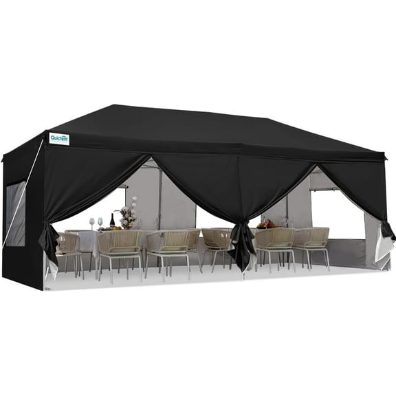 Quictent 10x20 ft Pop up Canopy with Mesh Window Sidewalls Ez up Canopy Tent Instant Shelter for Outdoor, Black