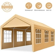 Quictent 10x20ft Heavy Duty Carport Outdoor Car Shelter Canopy Garage - Beige (with Windows)