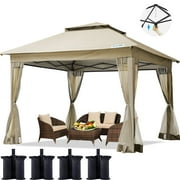 Quictent 11x11 Pop up Gazebo Tent with Mosquito Netting, Vented Top Outdoor Instant Screened Gazebo Tent Canopy Shelter with 4 Sand Bags, Khaki