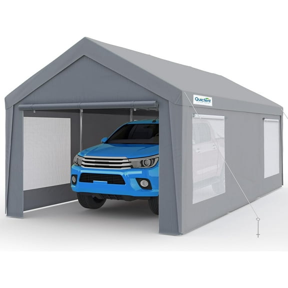 Quictent 12x20 ft Heavy Duty Carport Canopy Galvanized Car Tent Outdoor Shelter with Reinforced Structure with Roll-up Ventilated Windows Sidewall, Sliver Gray