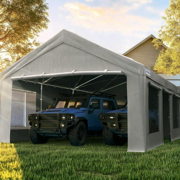 Quictent 20x20 ft Heavy Duty 2 Car Carports with Side Zipper Doors & Snowproof Steel Cables & Ventilated Windows, Waterproof Storage Shelter for Car, Boat, Outdoor Equipment, Gray