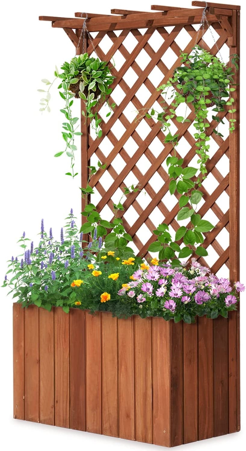 Walmart discounts of "Quictent Wooden Raised Garden Bed 25""x12""x48"" with Lattice Trellis for Climbing Plants, Indoor/Outdoor"