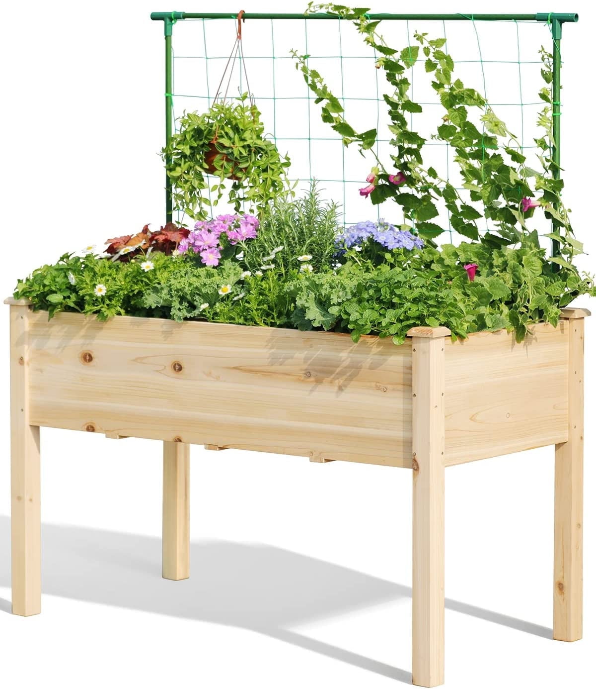 Quictent Wooden Raised Garden Bed 48x24x30in with Trellis, Elevated Planter Box w/Liner, 200lb Capacity