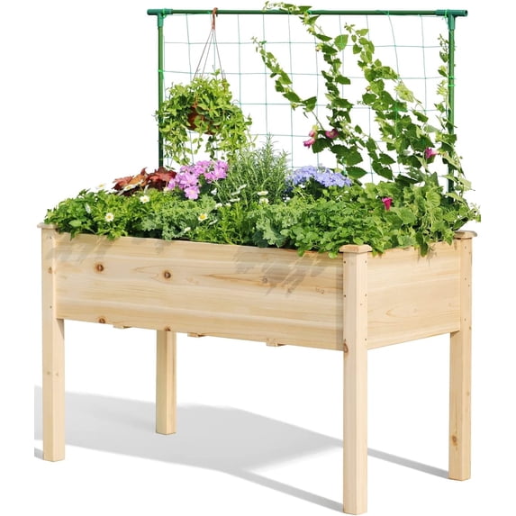 Quictent 48x24x30in Raised Garden Bed with Trellis Net, Elevated Wood Planter Box Stand for Backyard, Patio, Balcony w/Bed Liner, 200lb Capacity
