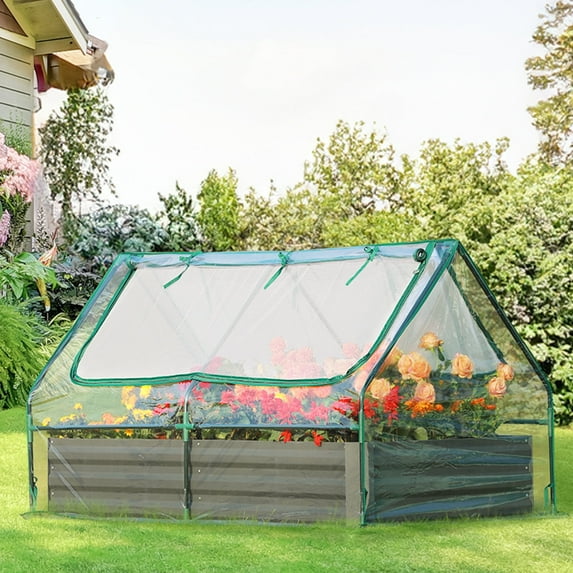 Quictent 4x3x1 ft Galvanized Raised Garden Bed with Mini Greenhouse, Graden Boxes for Outdoor, Clear