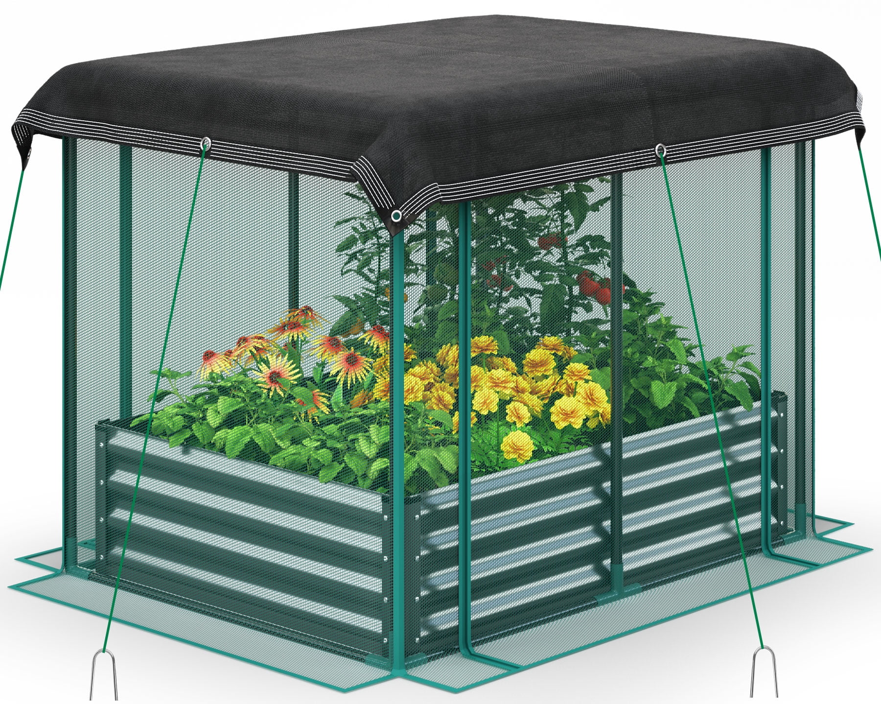 Quictent 4x3x1 ft Raised Garden Bed Galvanized Steel Metal with Crop Cage Outdoor Plant Protection Net Tent Shade Cloth Kit Metal Planter Box Dark Gray