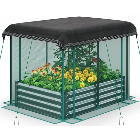 Quictent 4x3x1 ft Raised Garden Bed Galvanized Steel Metal with Crop Cage Outdoor Plant Protection Net Tent Shade Cloth Kit Metal Planter Box Dark Gray