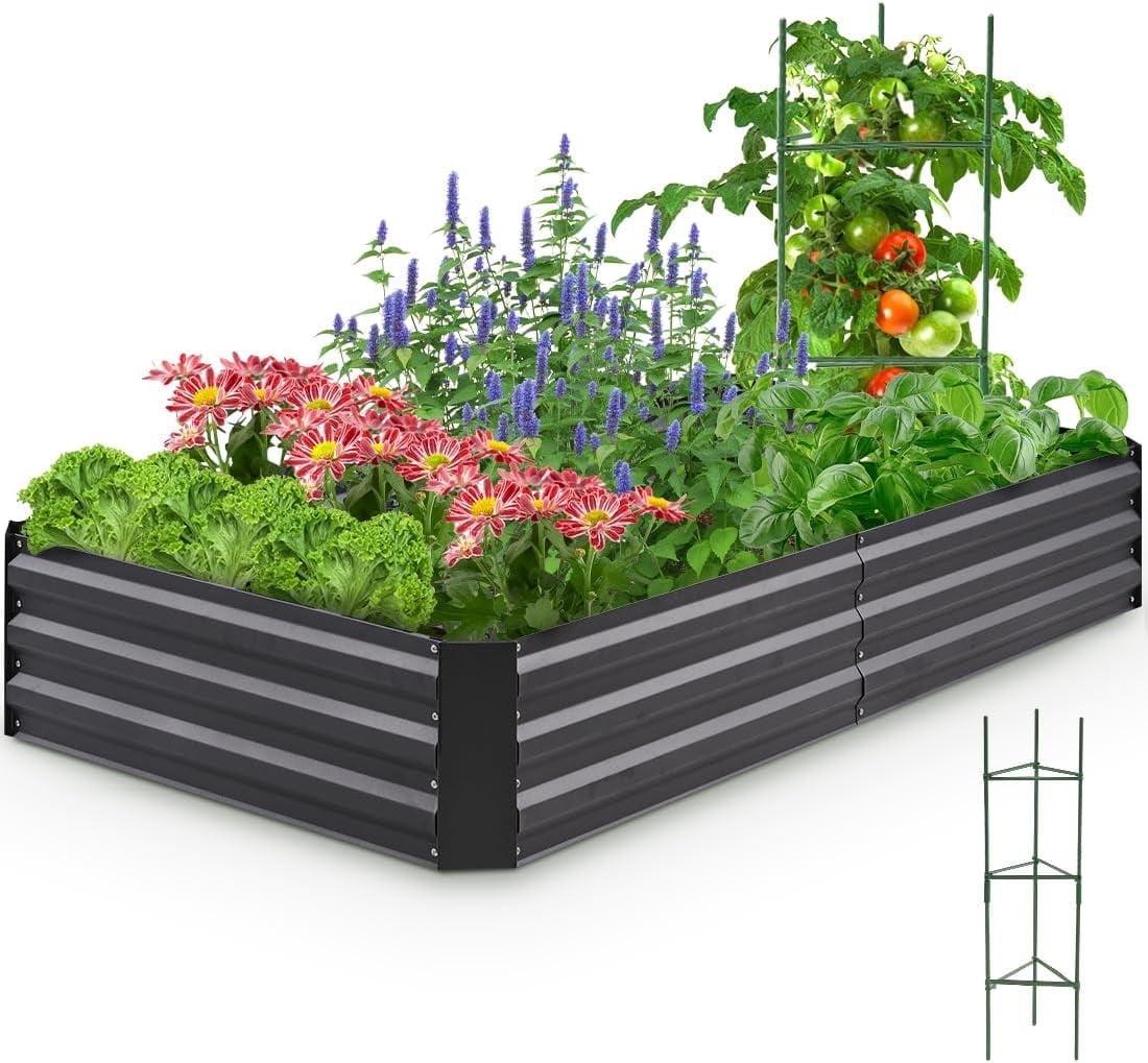 Quictent Steel Elevated Raised Garden Bed 6x3x1 ft, Galvanized Planter Box with Tomato Cage, Weed Barrier, Dark Gray