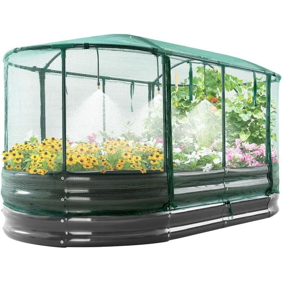 Quictent 6x3x1 ft Galvanized Raised Garden Bed Kit with Self Watering System and Mesh Cover, Large Oval Metal Outdoor Planter Garden Boxes for Vegetables Herbs Flowers