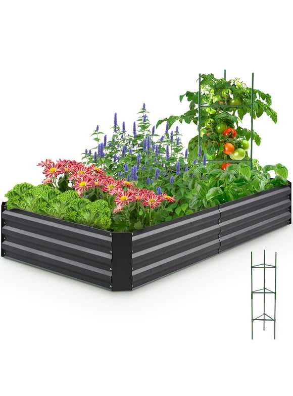 Quictent 6x3x1 ft Raised Garden Bed Galvanized Metal Planter Box for Vegetables Bottomless for Backyard, Include Tomato Cage 1 pc Weed Barrier Dark Gray