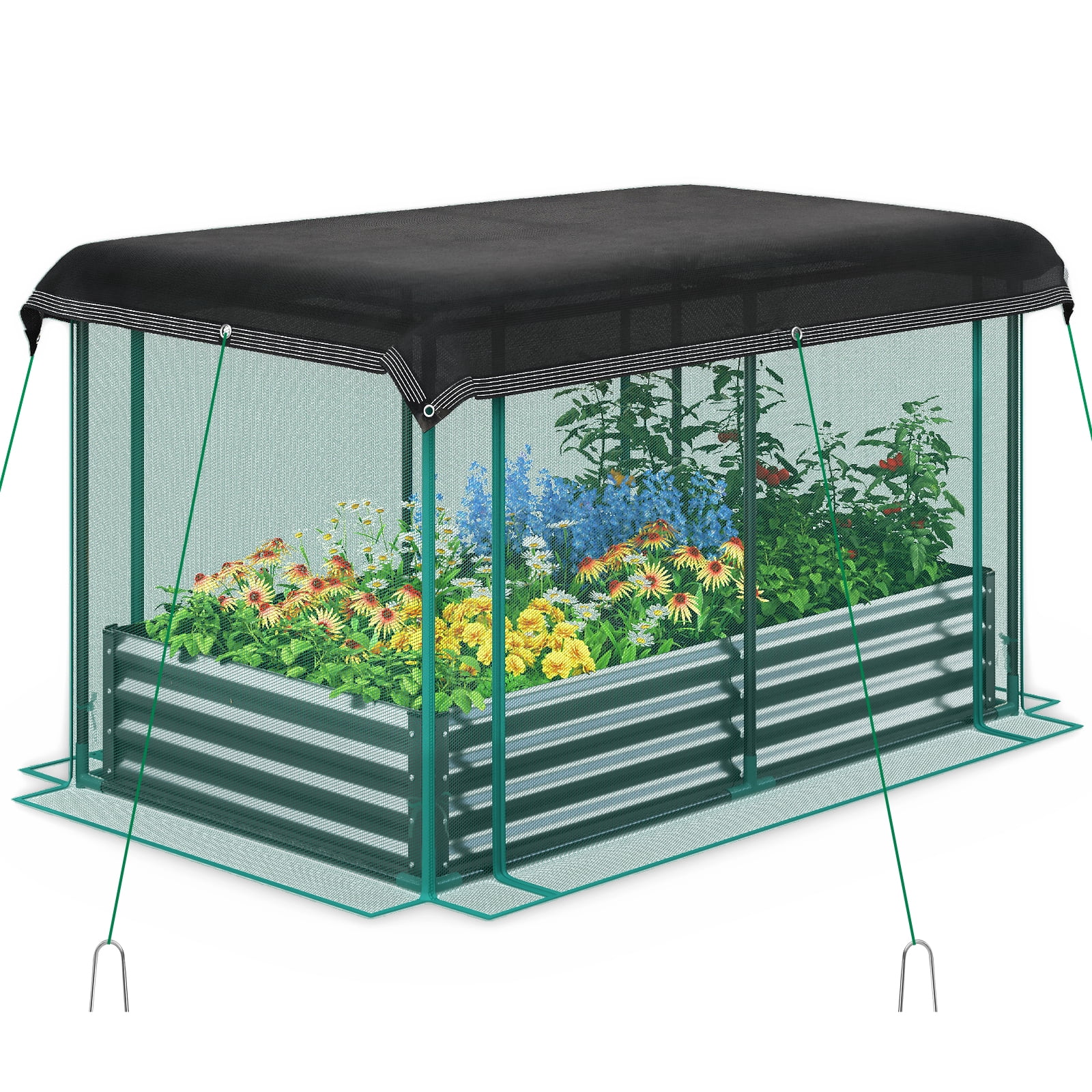 Quictent 6x3x1 ft Raised Garden Bed Galvanized Steel Metal with Crop Cage Plant Protection Net Tent Shade Cloth Kit Metal Planter Box Dark Gray