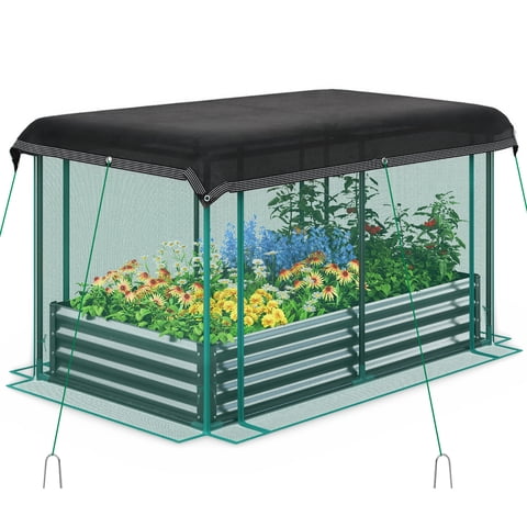 Quictent 6x3x1 ft Raised Garden Bed Galvanized Steel Metal with Crop Cage Plant Protection Net Tent Shade Cloth Kit Metal Planter Box Dark Gray