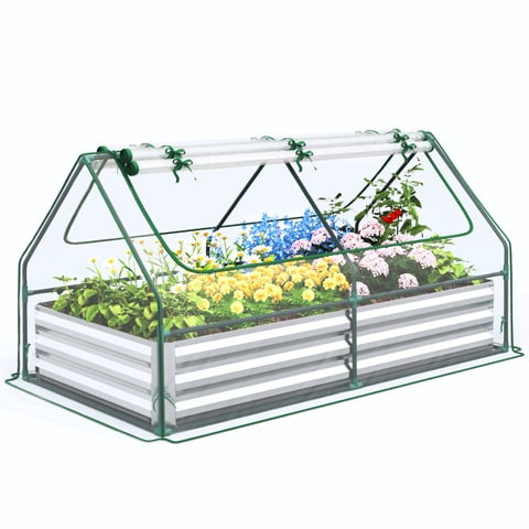 Quictent 6x3x1ft Galvanized Raised Garden Bed with Cover Metal Planter Box Kit, w/ 2 Large Screen Windows Mini Greenhouse 20pcs T Tags 1 Pair of Gloves Included Outdoor Growing Vegetables (Clear)