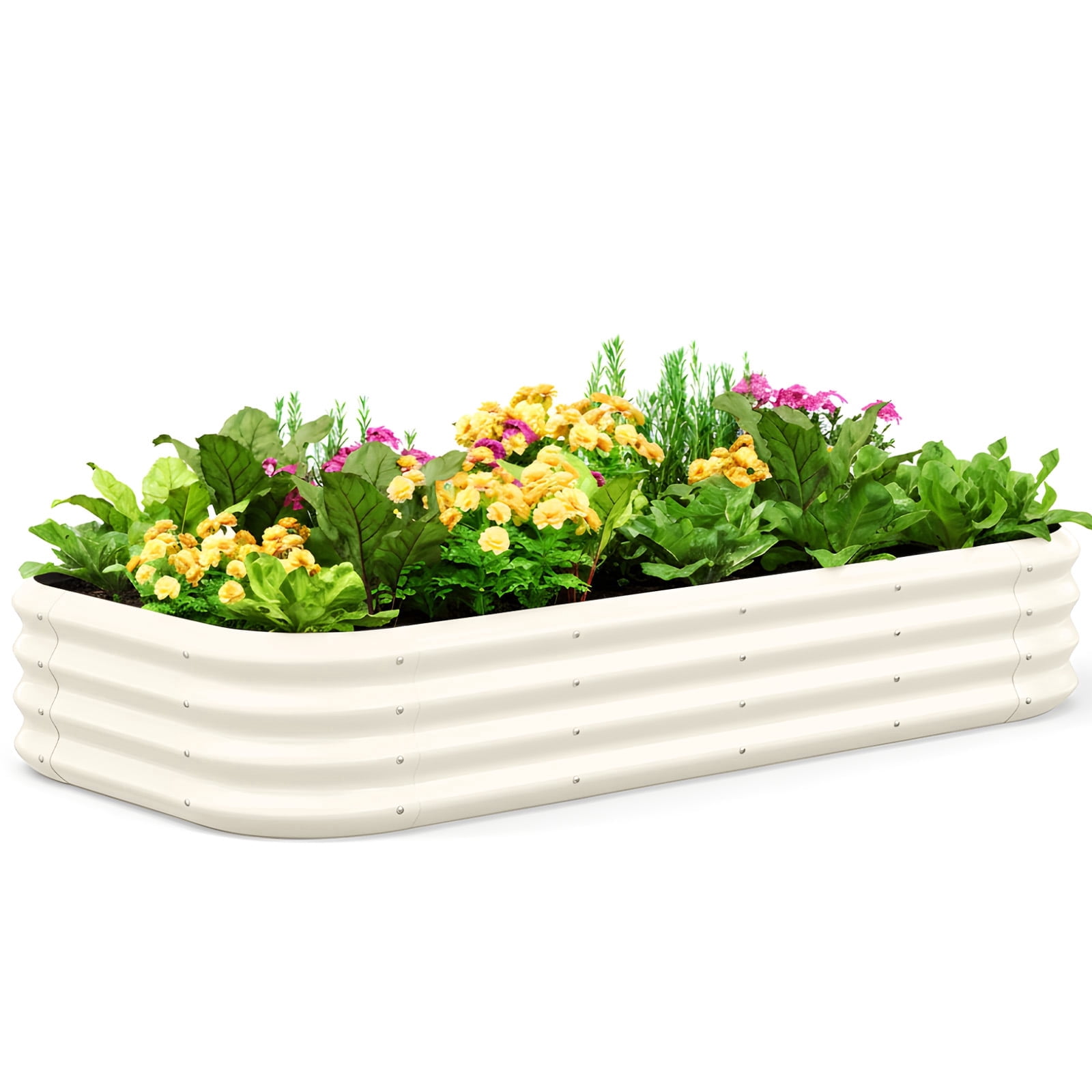 Quictent 6x3x1ft Galvanized Raised Garden Bed Kit, Oval Large Metal Outdoor Planting Box, Rubber Strip Edging for Ground Planter Vegetables Flowers Strengthened by Crossbar with Liner (Beige)
