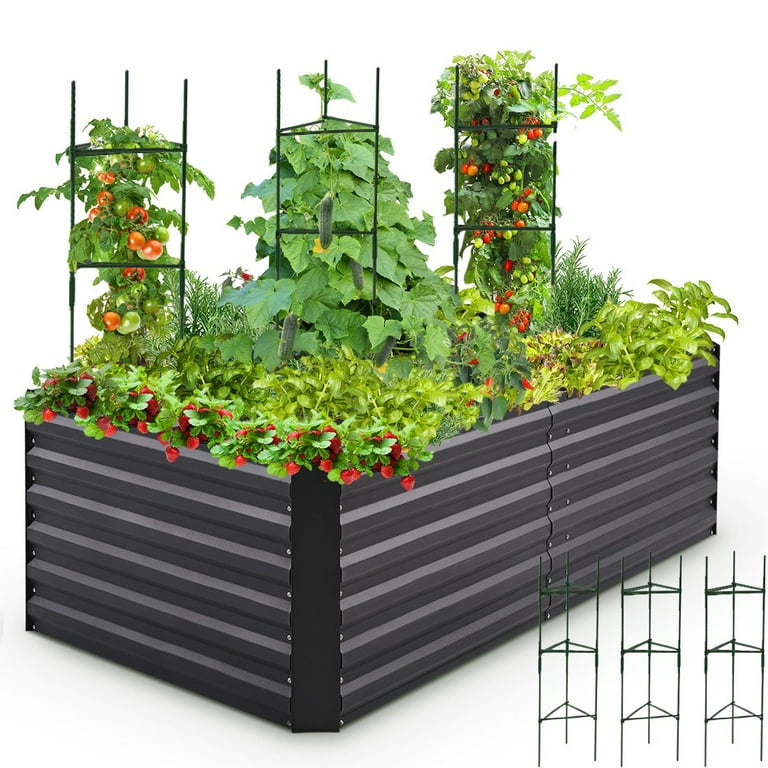 klart Recollection Blive Quictent 6x3x2ft Outdoor Metal Raised Garden Bed, Planter Box for  Vegetables, Flowers, Herbs - Gray w/ 3 Tomato Cages - Walmart.com