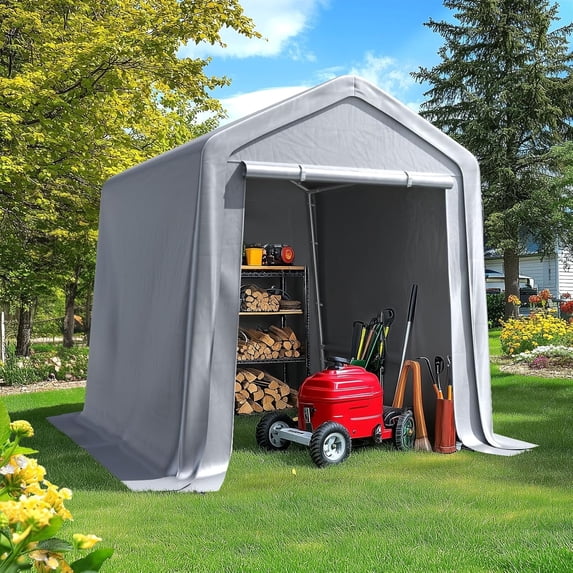 Quictent 6x8FT Carport Shelter with Roll-Up Mesh Windows & Reinforced Frame, Portable Garage Canopy for Motorcycle Storage, Silver Gray