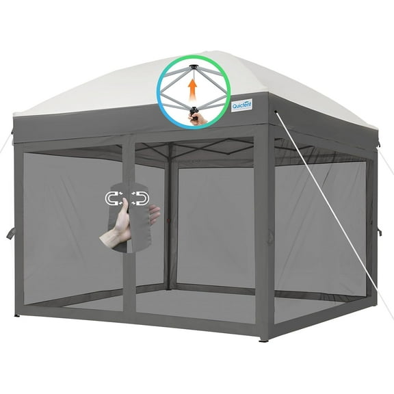 Quictent 8'x8' Pop up Canopy Tent with Netting, One Person Instant Setup Screen House Room Tent Screened- 4 Magnetic Doors Waterproof (Gray)