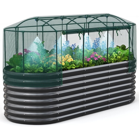 Quictent 8x3x2 ft Galvanized Raised Garden Bed Kit with Self Watering System and Mesh Cover, Large Oval Metal Outdoor Planter Garden Boxes for Vegetables Herbs Flowers