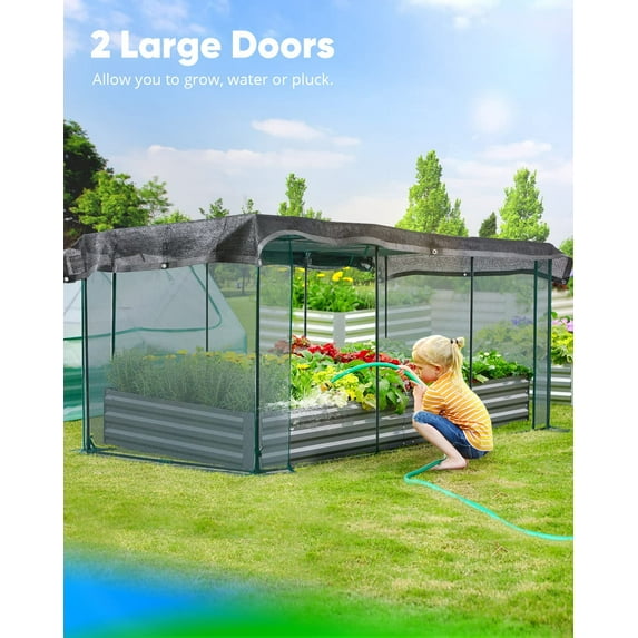 Quictent 8x4x1 ft Galvanized Raised Garden Bed with Crop Cage Plant Protection Net Tent Shade Cloth Kit Metal Planter Box Dark Gray