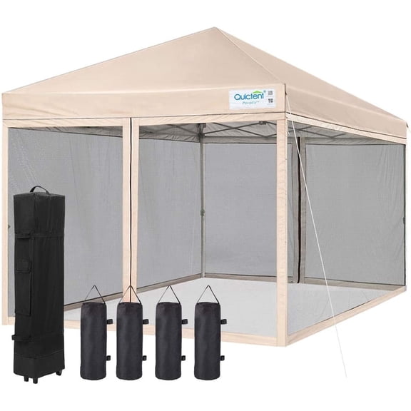 Quictent 8x8 Pop up Canopy, Instant Outdoor Canopy Tent with Mesh Sideswalls & Roller Bag, Tan