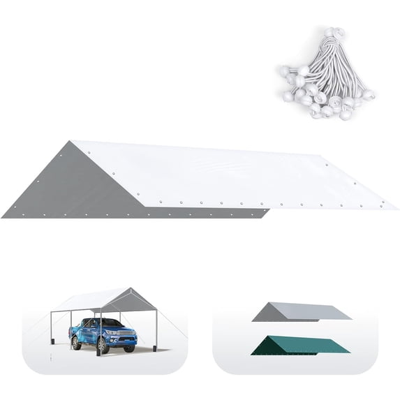 Quictent Carport Replacement Tarp Canopy Top Cover with Bungees Balls, for 10x20 ft Garage Party Tent Shelter - White, One Roof Only