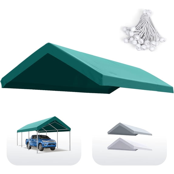 Quictent Carport Replacement Tarp Canopy Top Cover with Edge with Bungees Balls, for 10x20 ft Garage Party Tent Shelter - Green, One Roof Only