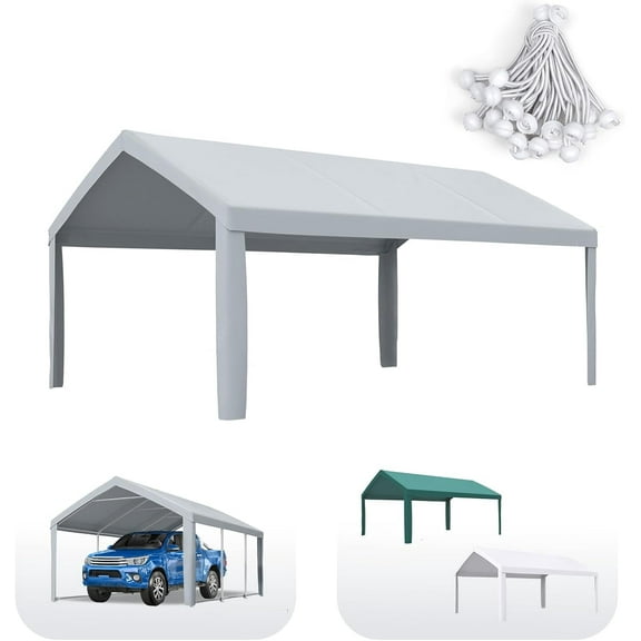 Quictent Carport Replacement Tarp Canopy Top Cover with Leg Cloth with Bungees Balls, for 10x20 ft Garage Party Tent Shelter - Gray, One Roof Only