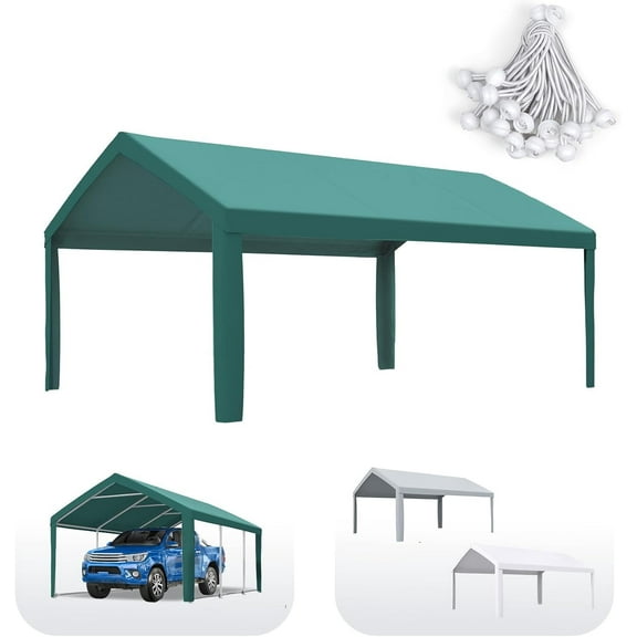 Quictent Carport Replacement Tarp Canopy Top Cover with Leg Cloth with Bungees Balls, for 10x20 ft Garage Party Tent Shelter - Green, One Roof Only