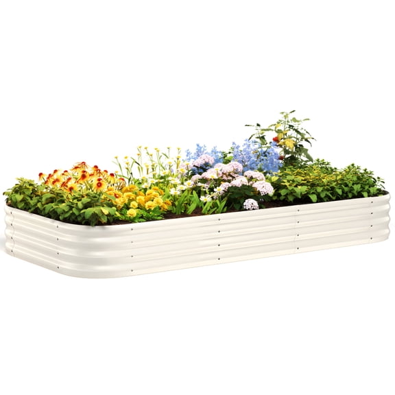 Quictent Galvanized Raised Garden Bed Kit, 8x4x1ft Oval Large Metal Planting Box, Double Strengthened by Vertical Bar and Crossbar with Liner, Beige