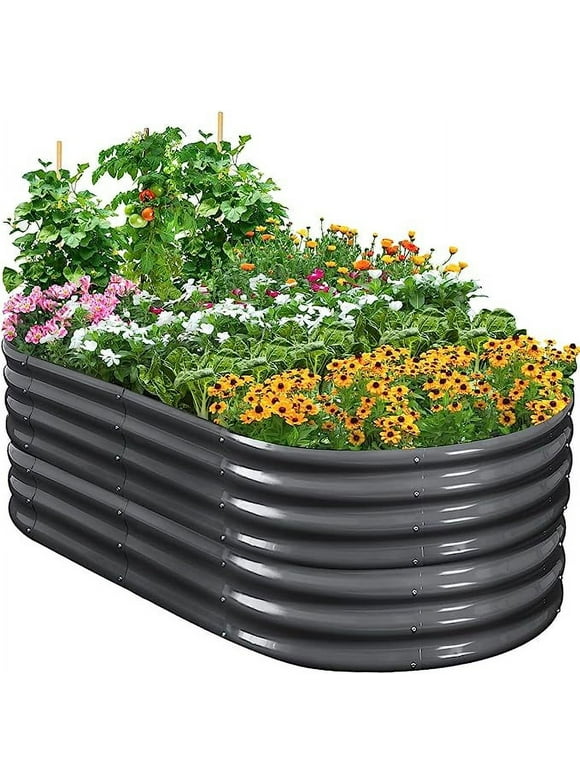 Quictent Galvanized Tall Raised Garden Bed Kit, 6x3x2 ft Oval Large Planting Box Rubber Strip Edging, for Vegetables Outdoor Double Strengthened by Vertical Bar and Crossbar with Liner (Dark Grey)