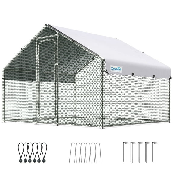 Quictent Large Metal Chicken Coop Run for 10+ Poultry with Heavy Duty Wire Mesh and Waterproof Roof Cover, Outdoor Walk-in Cage Peak Hen House for Yard Farm, 6.6x9x6.6FT