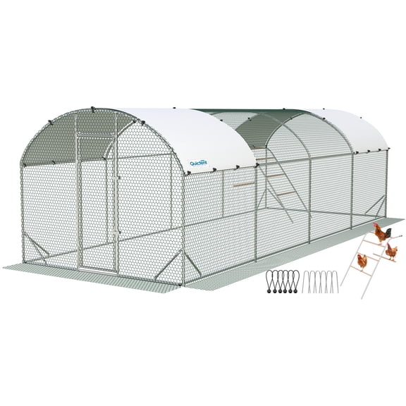Quictent Large Metal Chicken Coop Run, 25x10FT Upgraded Outdoor Walk-in Cage Arch Hen Duck Rabbit Yard Farm House, with Reinforced Chicken Wire, Waterproof Roof Tarp, Swing Set & Roosting Ladder