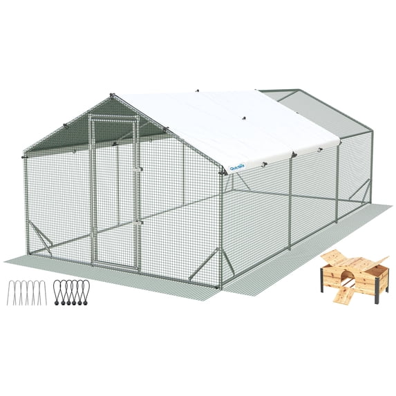 Quictent Large Metal Chicken Coop Run W/Nesting Box for 30+ Poultry with Heavy Duty Wire Mesh and Waterproof Roof Cover, Outdoor Walk-in Cage Peak Hen House for Yard Farm, 18x9x6.6FT