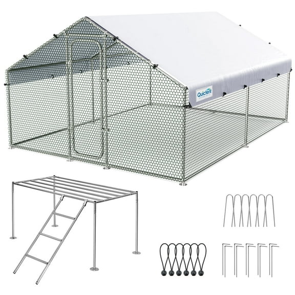 Quictent Large Metal Chicken Coop Run W/Roosting Perch for 20+ Poultry with Heavy Duty Wire Mesh and Waterproof Roof Cover, Outdoor Walk-in Cage Peak Hen House for Yard Farm, 12x9x6.6FT