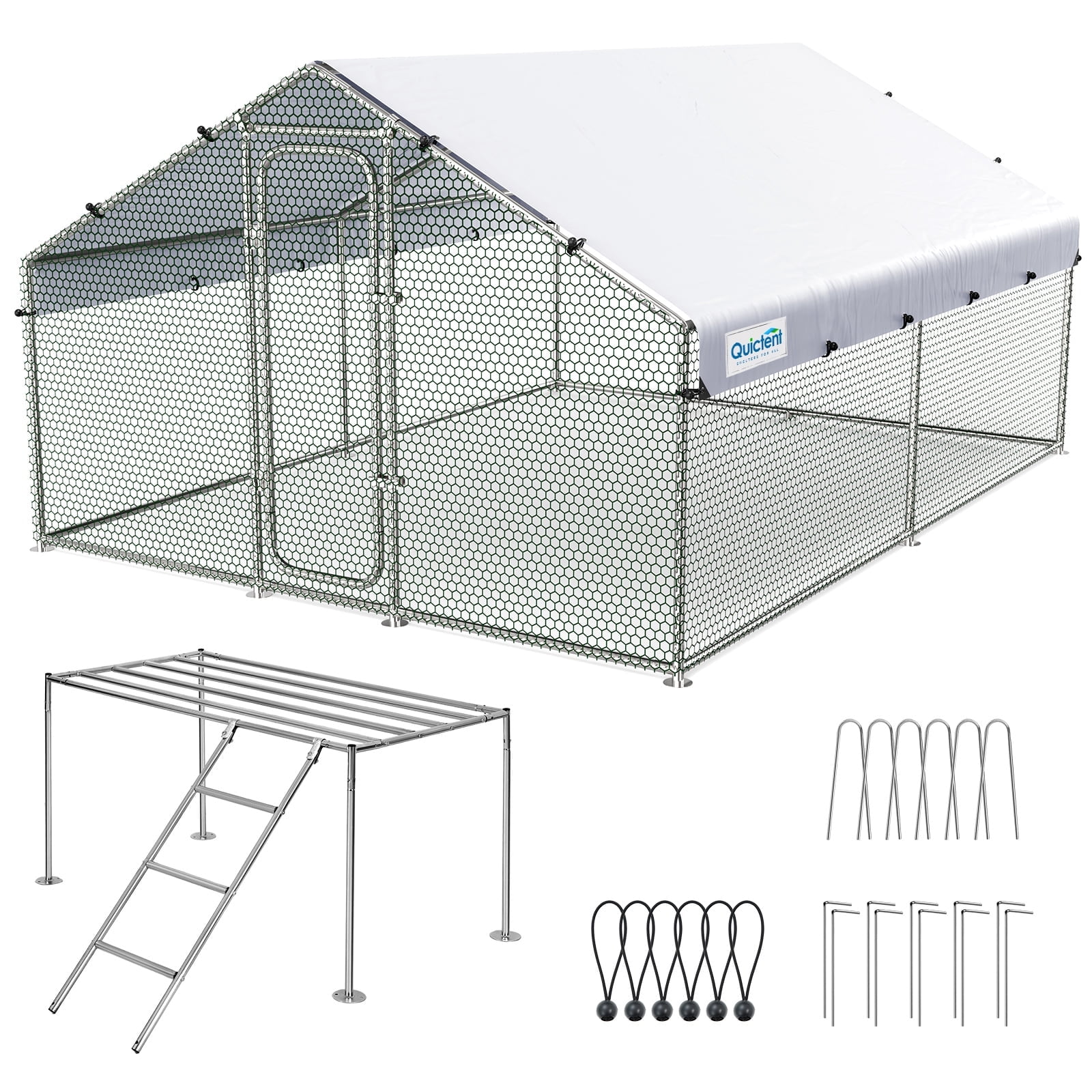 Quictent Large Metal Chicken Coop Run W/Roosting Perch for 20+ Poultry with Heavy Duty Wire Mesh and Waterproof Roof Cover, Outdoor Walk-in Cage Peak Hen House for Yard Farm, 12x9x6.6FT